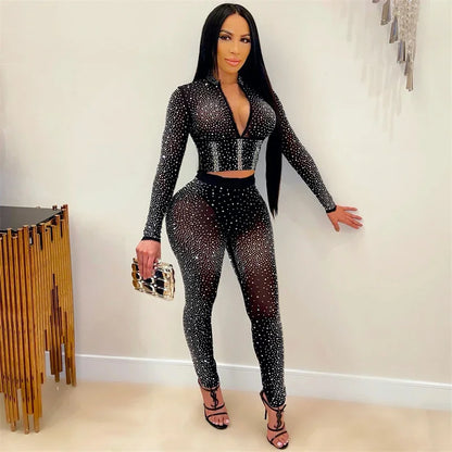 Doyerl Glitter Rhinestones Sexy Club Outfits Woman 2 Piece Set Mesh See Through Long Sleeve Cropped Top and Pants Suit Birthday