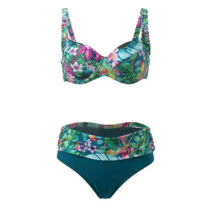 Women'S Swimwear Bikini Sets Normal Swimsuit Backless 2 Piece Green Printing Flower Push Up Girls Swimsuits Beachwear Bathing