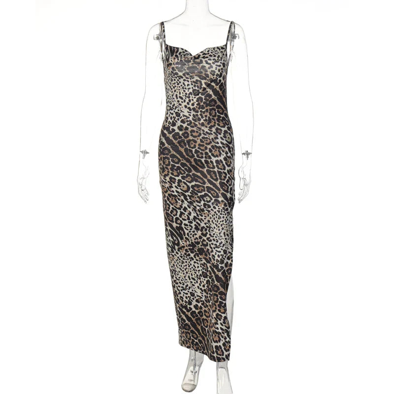 Hugcitar Leopard Print Swing Collar Sleeveless Sexy Maxi Slit Prom Dress Summer Women Fashion Y2K Clothes Party Beach Vacation