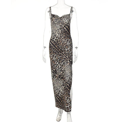 Hugcitar Leopard Print Swing Collar Sleeveless Sexy Maxi Slit Prom Dress Summer Women Fashion Y2K Clothes Party Beach Vacation