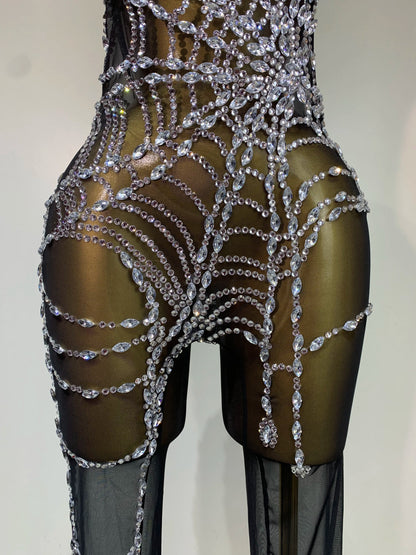 STOCK Sparkly Diamond Women Sexy Mesh Jumpsuit Nightclub Bar Party Show Gogo Dancer Clothing Drag Queen Outfit Stage Costume