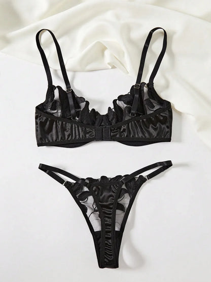 Transparent Floral Two Pieces Exquisite Lace Lingerie Set Ultrathin Bra Briefs Set Solid Exotic Lingerie For Ladies 23171A