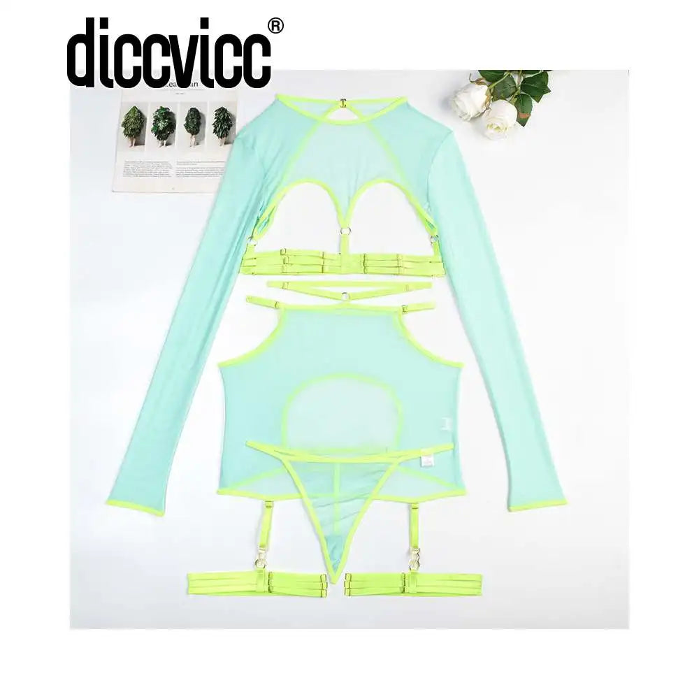 Diccvicc Long Sleeve Lingerie Sexy Sheer Mesh Porn Top Crotchless Skirt Naked Bandage Women Underwear Uncensored Erotic Costume