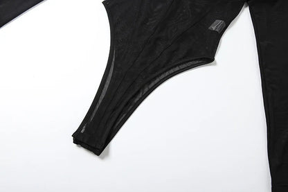 Sisterlinda See Through Sexy Bodysuit Women Coquette Wild Mesh Hipster Patchwork Full Sleeve Midnight Stretch Street Clubwear