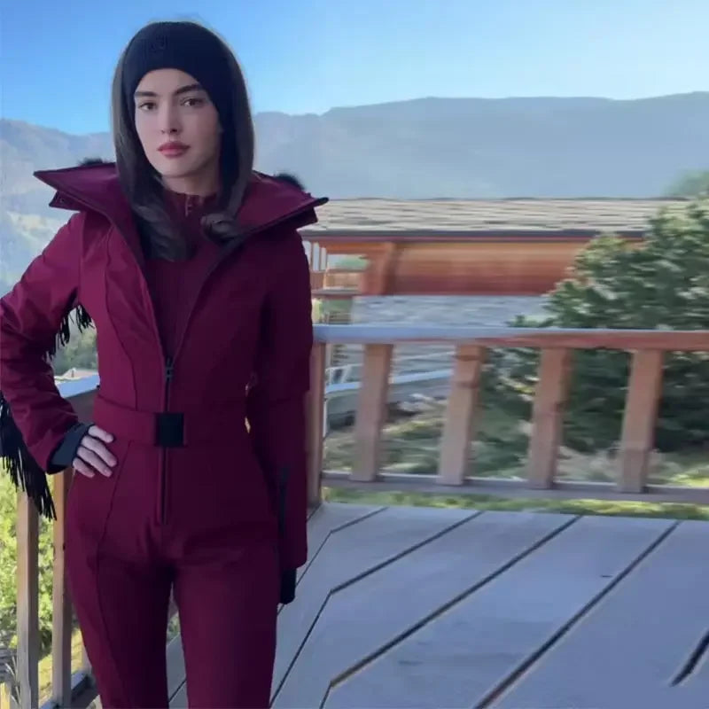 Casual Solid Tassels Women's Ski Suit Zippers Fur Hooded Slim High Waist Lady Jumpsuits 2025 Winter Fashion Female Warm Skiwear