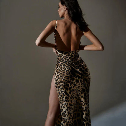 Hugcitar Leopard Print Swing Collar Sleeveless Sexy Maxi Slit Prom Dress Summer Women Fashion Y2K Clothes Party Beach Vacation