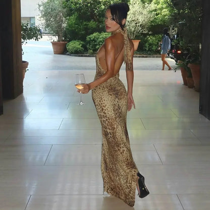 Cryptographic Fashion Halter Leopard Sexy Backless Maxi Dress Women Club Outfits Bandage Embellished Long Dresses Robe Clothes