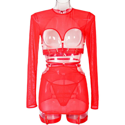 Diccvicc Long Sleeve Lingerie Sexy Sheer Mesh Porn Top Crotchless Skirt Naked Bandage Women Underwear Uncensored Erotic Costume