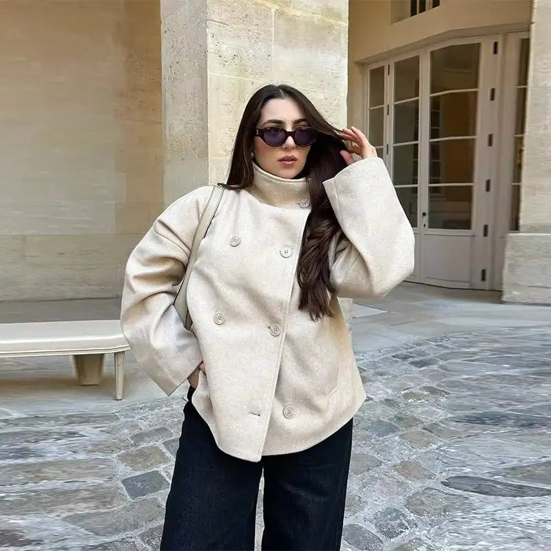 Urban Black Woolen Blend Coats Women Stand Collar Single-breasted Long Sleeve Thick Warm Jacket 2025 Autumn Winter Lady Outwear