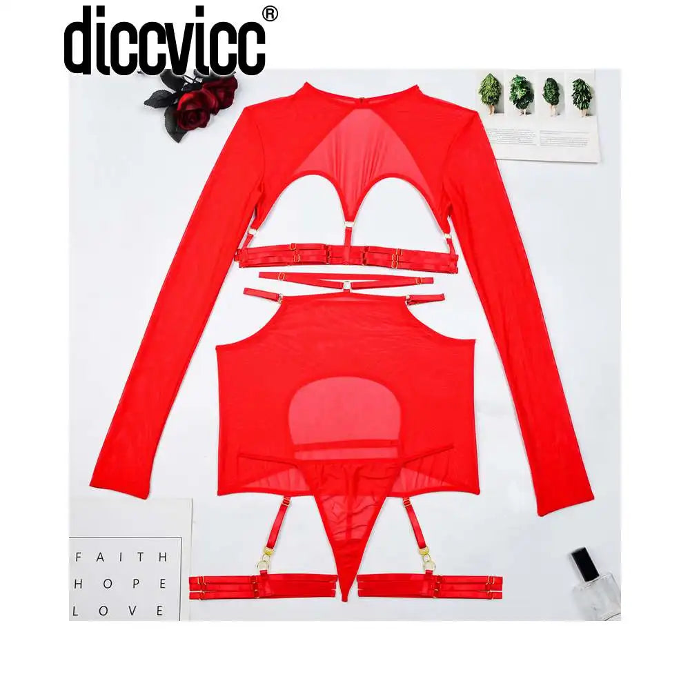 Diccvicc Long Sleeve Lingerie Sexy Sheer Mesh Porn Top Crotchless Skirt Naked Bandage Women Underwear Uncensored Erotic Costume