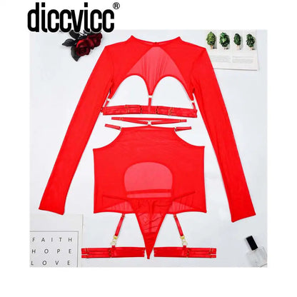 Diccvicc Long Sleeve Lingerie Sexy Sheer Mesh Porn Top Crotchless Skirt Naked Bandage Women Underwear Uncensored Erotic Costume