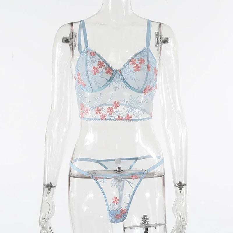 Lace Floral Embroidery See Through Bra and Panties Set for Women Underwear Sexy Lingerie Female 2 Pieces Bra Brief Sets