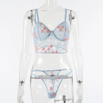 Lace Floral Embroidery See Through Bra and Panties Set for Women Underwear Sexy Lingerie Female 2 Pieces Bra Brief Sets