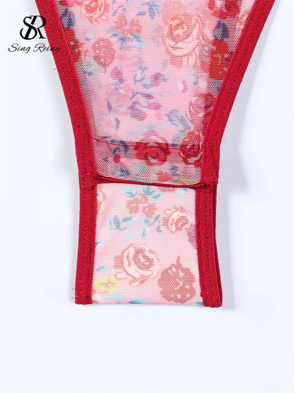 SINGREINY Hotsweet Print Gauze Bodysuit Ruffles Hollow Out Bandage Slim Open Crotch Thin Rompers Female Sexy NightwearPlaysuits
