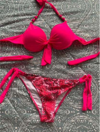 2024 New Print 2-piece Swimsuit for Women,hard Cup Suspender Push Up Bikini Set,summer Beach Vacation Backless Bathing Suit
