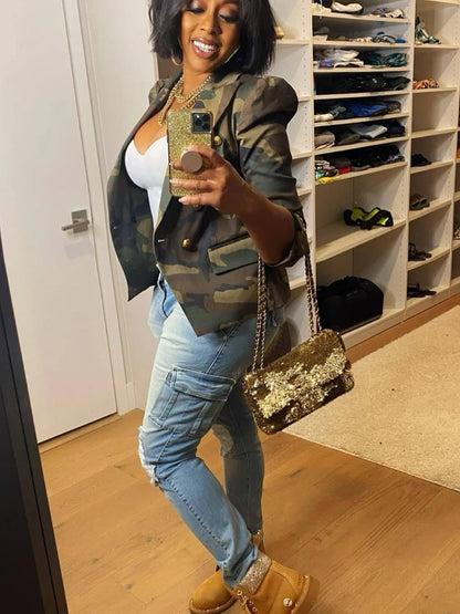 Camouflage Printed Double Breasted Jacket, Casual Long Sleeved Lapel Open Top, Suitable for Spring and Autumn, Women's Clothing
