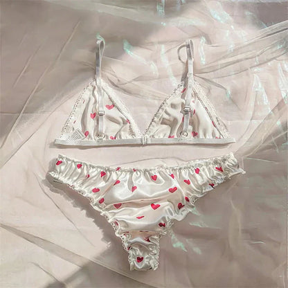 Sexy Women's Lingerie Heart Printed Lingerie Sets Satin Silk Bra Panties Pajamas Set Soft Sleepwear Erotic Babydolls Costumes