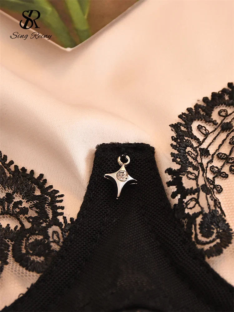 SINGREINY Female Sheer Gauze Lingerie Set Sexy Transparent Embroidery Bra&Brief Sets Ladies Hollow Out Erotic Underwear Suits
