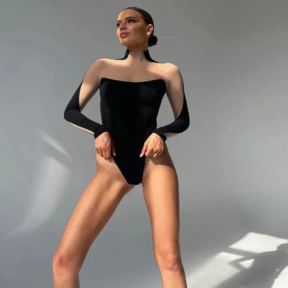 2025 Patchwork See Through Mesh Bodysuit Women's Sexy Long Sleeve Turtleneck Jumpsuit Chic Elegant High Waist Tops Bodysuits