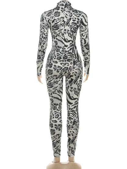 Sisterlinda Fitness Jumpsuit Women Sexy Zip Leopard Print Full Sleeve Streetwear Activity Workout Casual Tight Stretch Overalls