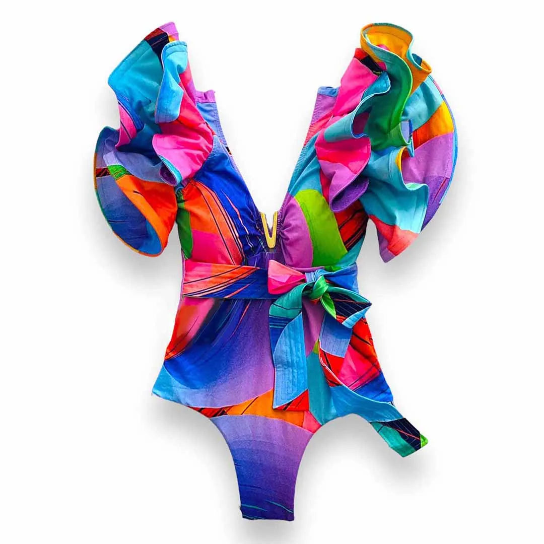 2025 New Sexy V-Neck One Piece Swimsuit Belt Swimwear Women Ruffle Monokini Push Up Swim Suit Colorful Bathing Suit Female Beach