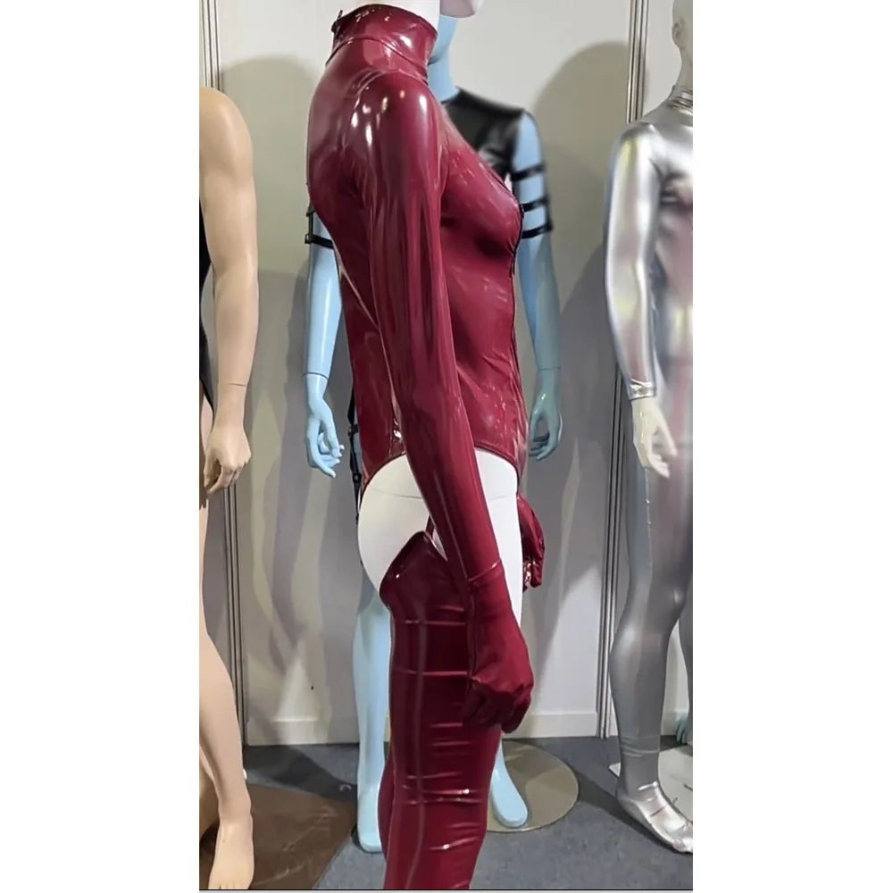 3PCS/SET Wet Look PVC Cosplay Outfit Catusit Shiny PU Leather Zipper Bust Open Crotch Bodysuit Tight Sexy Body Teddies Stockings
