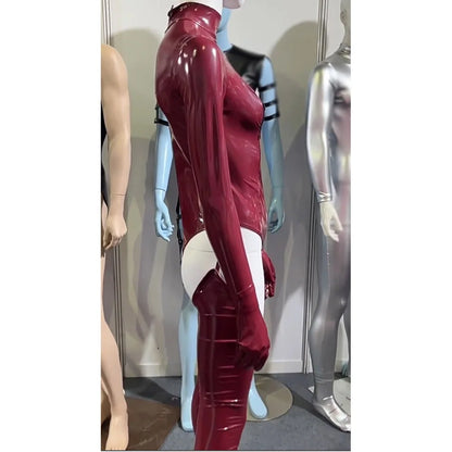 3PCS/SET Wet Look PVC Cosplay Outfit Catusit Shiny PU Leather Zipper Bust Open Crotch Bodysuit Tight Sexy Body Teddies Stockings