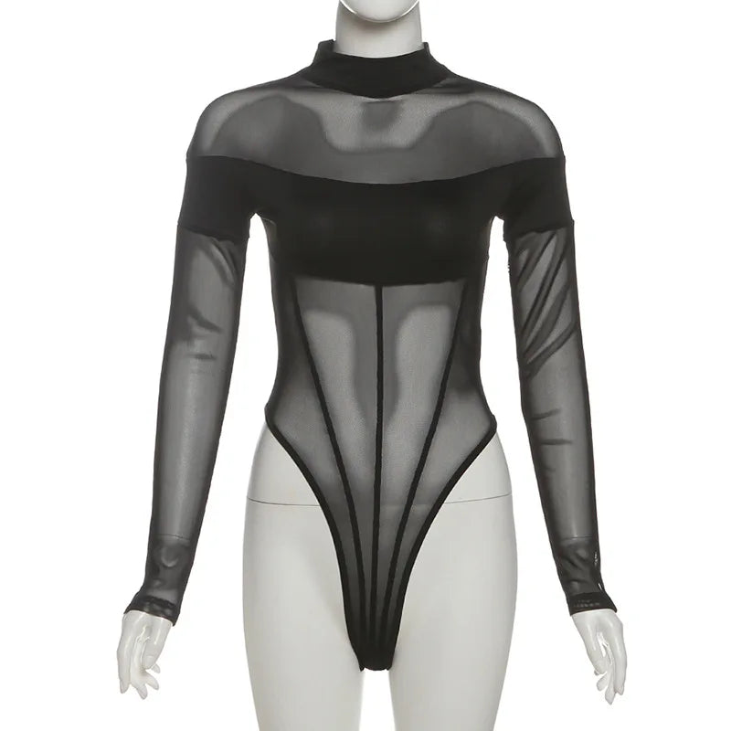 See Through Mesh Splicing Sexy Bodysuit Lingerie One-pieces Y2k Clothes Long Sleeve Body Feminino Hot Tops For Women Rave Outfit