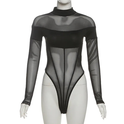 See Through Mesh Splicing Sexy Bodysuit Lingerie One-pieces Y2k Clothes Long Sleeve Body Feminino Hot Tops For Women Rave Outfit