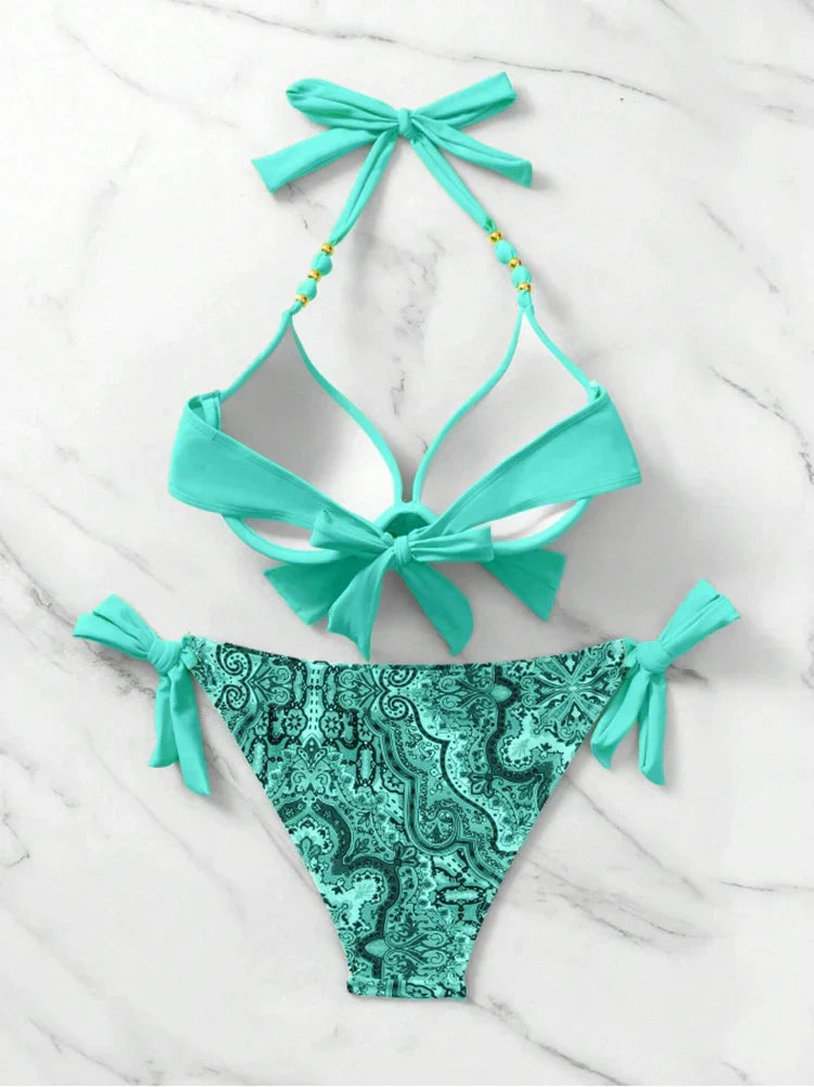 2025 Summer Sexy Print Two-Piece Bikini Women's Halter Swimwear Bandage Backless Swimsuit Tight Push Up Beach Party Bathing Suit