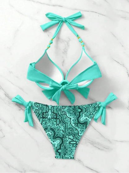 2025 Summer Sexy Print Two-Piece Bikini Women's Halter Swimwear Bandage Backless Swimsuit Tight Push Up Beach Party Bathing Suit