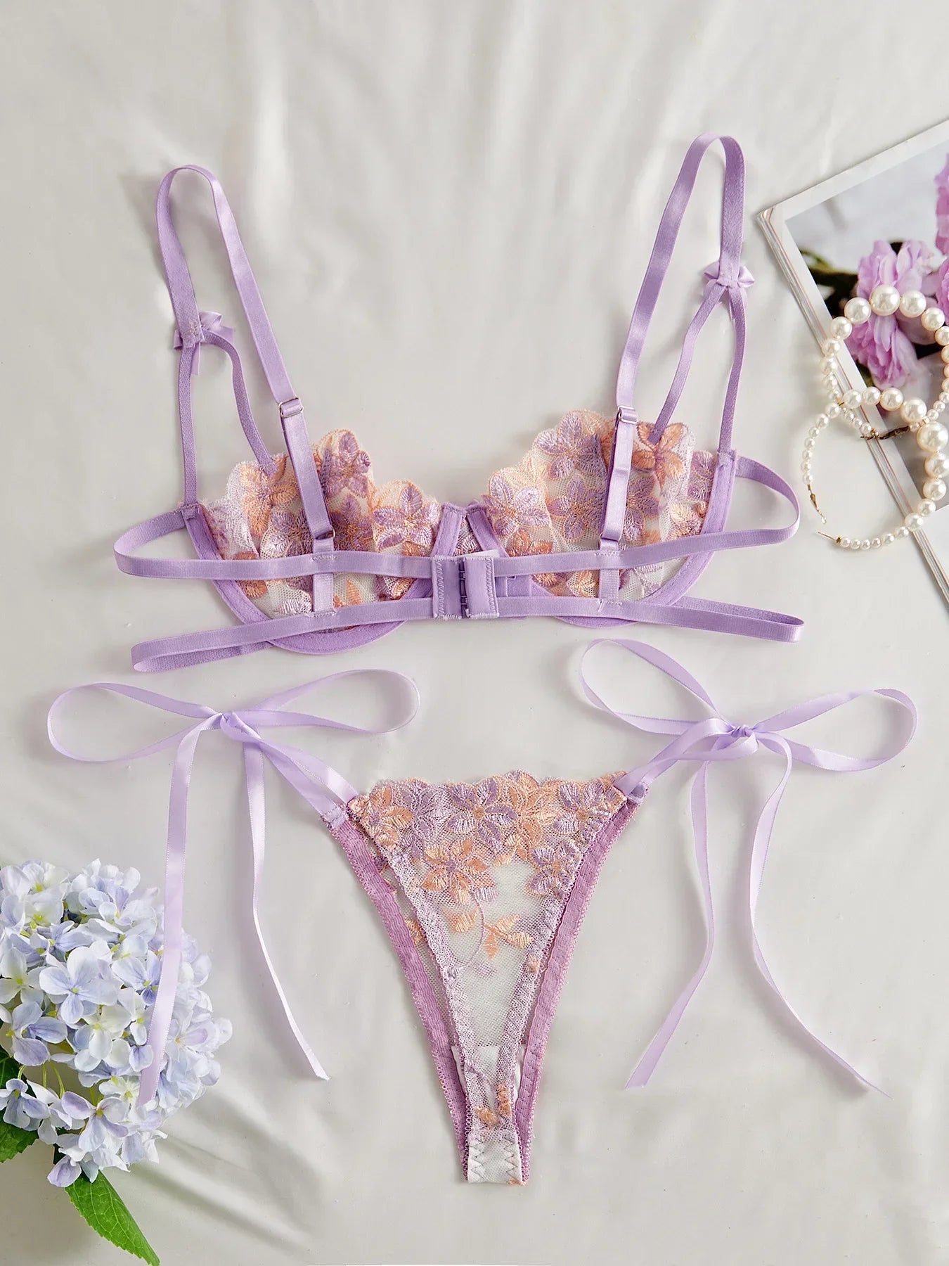Floral Embroidery Transparent Mesh Bra Brief Sets Ultra Thin Straps Flowers Lace Sexy Lingerie Half Cup Woman Underwear 2025