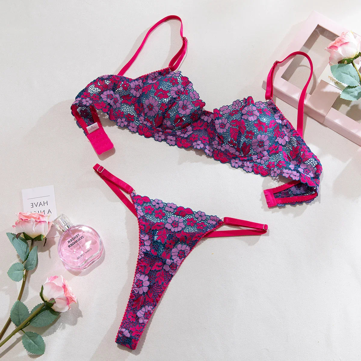 Aesthetic Floral Erotic Lingerie Set with Multi-color Lace Deluxe Comfortable Underwear with Thong