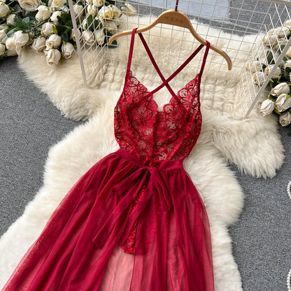 SINGREINY Lace Sensual Erotic Two Pieces Suits Camis Short Bodysuits Tops+Midi Long Mesh Chiffon Skirts Women Underwear Sets