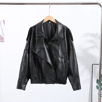 Stand Collar Women's Jacket Full Sleeve Double Button Solid Female Leather Jackets 2025 Autumn Fashion High Street Lady Outwears