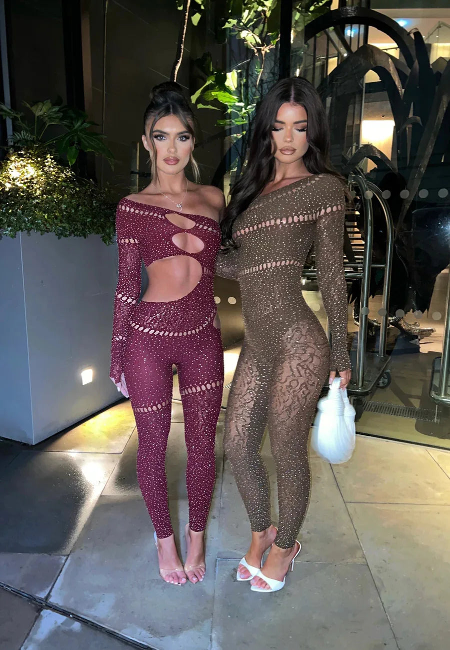 Hot Stamping Bodystocking Lingerie Sparkling crystal Jumpsuit Mesh Body Suits For Women Romper Jumpsuits Mesh Lace Sheer A4HM