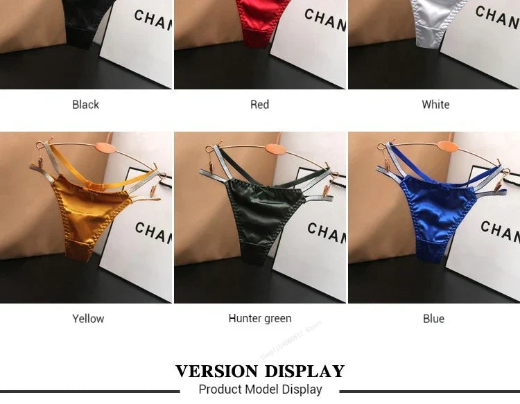 Sexy Silk Satin Thongs Hollow Out Fashion Solid Color Panties Cotton Crotch Low Waist Breathable Pure Color Women's Underwear