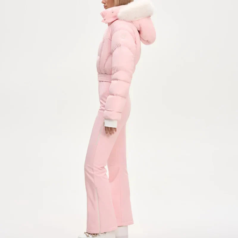 Casual Solid Tassels Women's Ski Suit Zippers Fur Hooded Slim High Waist Lady Jumpsuits 2025 Winter Fashion Female Warm Skiwear