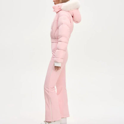 Casual Solid Tassels Women's Ski Suit Zippers Fur Hooded Slim High Waist Lady Jumpsuits 2025 Winter Fashion Female Warm Skiwear