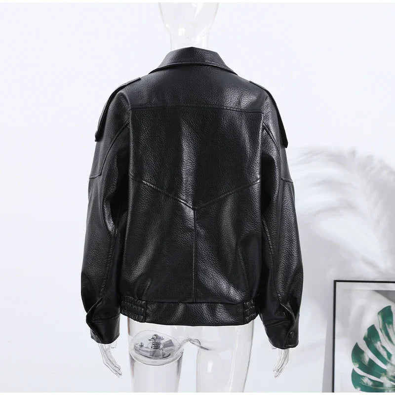 Street Stand Collar Women's Leather Jacket Loose Long Sleeve Zipper Pockets Chic Female Coats 2025 Autumn Winter Lady Outerwear