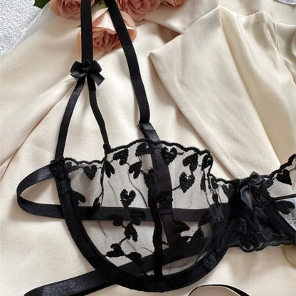 Exotic Fantasy Lingerie Underwire Bra Strap Panties 2Piece Sheer Mesh Embroidery Underwear for Women