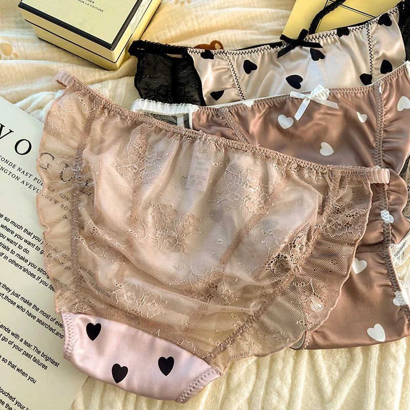 Sexy lingerie women Satin tangas lace ropa interior femenina sweet calzones para mujer plus size panties heart underwear women