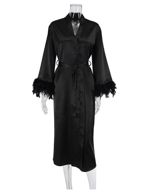 Feather Blush Kimono Robe Boudoir Wedding Floor Length Maxi Dressing Gown Robes Bride to Be Hen Party Stain Silk Lingerie