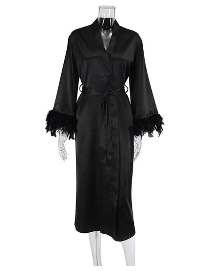 Feather Blush Kimono Robe Boudoir Wedding Floor Length Maxi Dressing Gown Robes Bride to Be Hen Party Stain Silk Lingerie