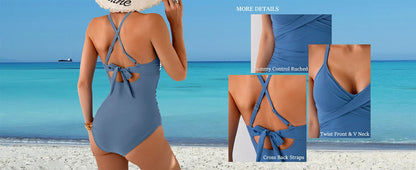 B2prity Women's One Piece Swimsuits Tummy Control Front Cross Bathing Suits Tie Back Slimming V Neck Swimwear