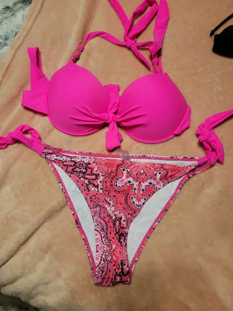 2025 Summer Sexy Print Two-Piece Bikini Women's Halter Swimwear Bandage Backless Swimsuit Tight Push Up Beach Party Bathing Suit
