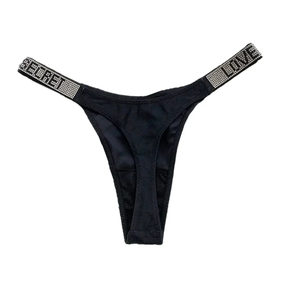 Sexy Triangle Fitness Sports With Letter Low Rise Briefs Sexy T-Back G-string Women Panties Rhinestone Thong