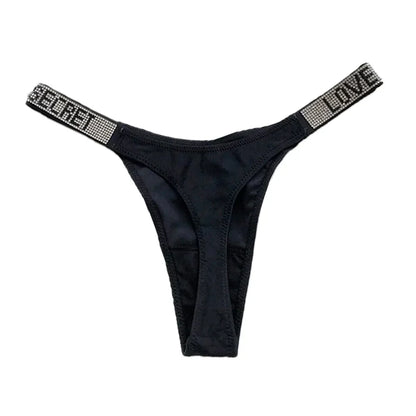 Sexy Triangle Fitness Sports With Letter Low Rise Briefs Sexy T-Back G-string Women Panties Rhinestone Thong