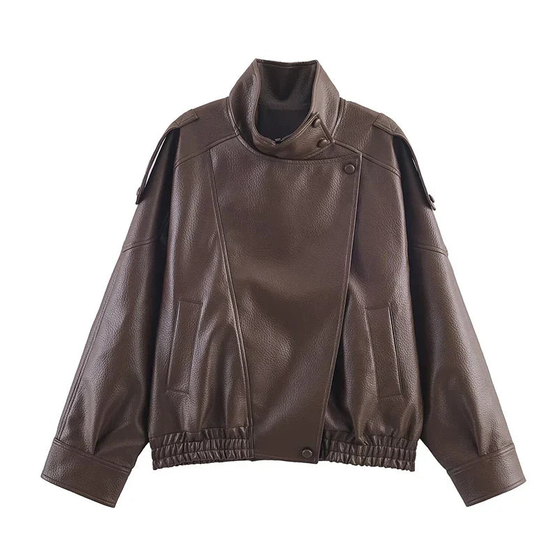 Street Stand Collar Women's Leather Jacket Loose Long Sleeve Zipper Pockets Chic Female Coats 2025 Autumn Winter Lady Outerwear