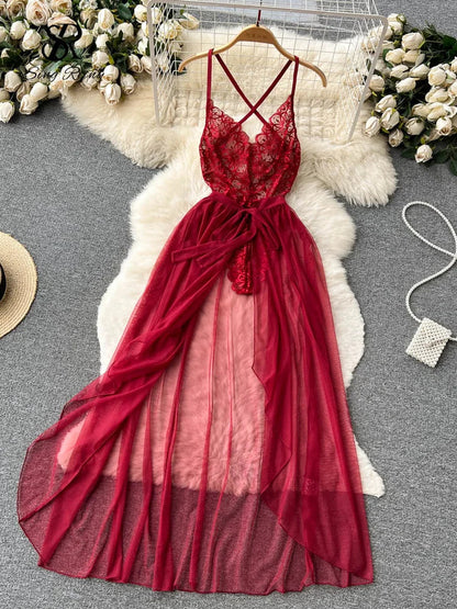 SINGREINY Lace Sensual Erotic Two Pieces Suits Camis Short Bodysuits Tops+Midi Long Mesh Chiffon Skirts Women Underwear Sets